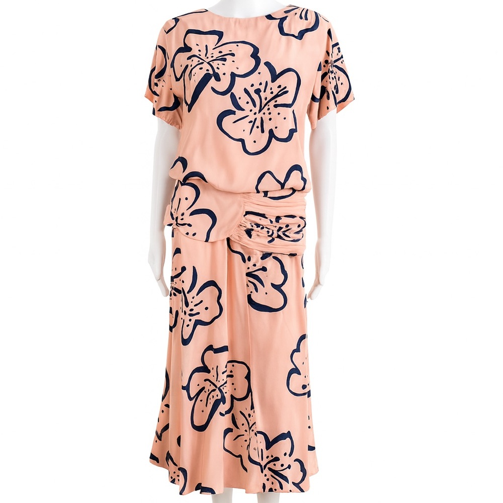 Vintage Korean Silk Two-Piece Set | Blush Pink Hibiscus Floral | 100% Silk